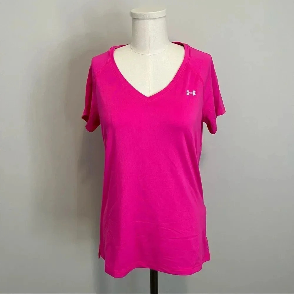 NWT Under Armour  Heat Gear V-Neck T-Shirt Hot Pink Carpe Diem Graphic